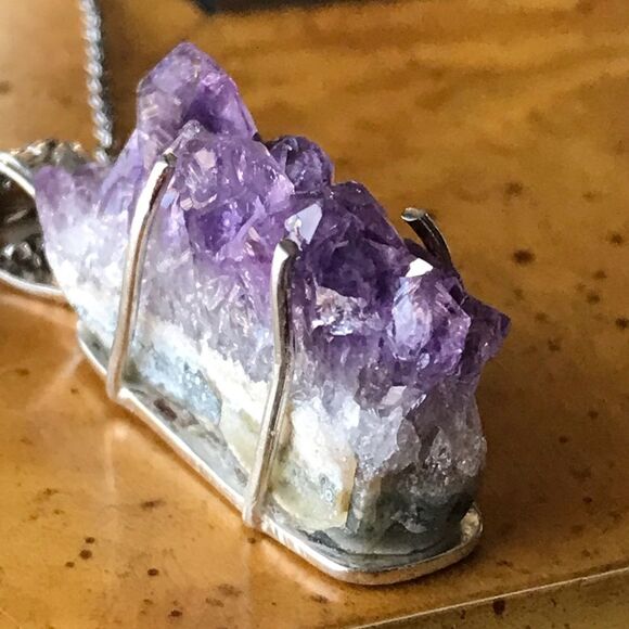 African Amethyst Geode Sterling Silver Stainless Steel Pendant Necklace - Picture 3 of 7